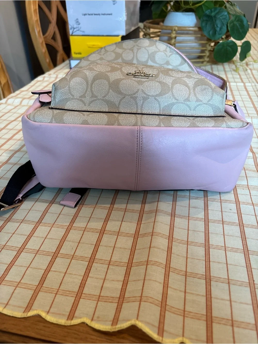 Coach Beige Signature Canvas Backpack with Pink Trim